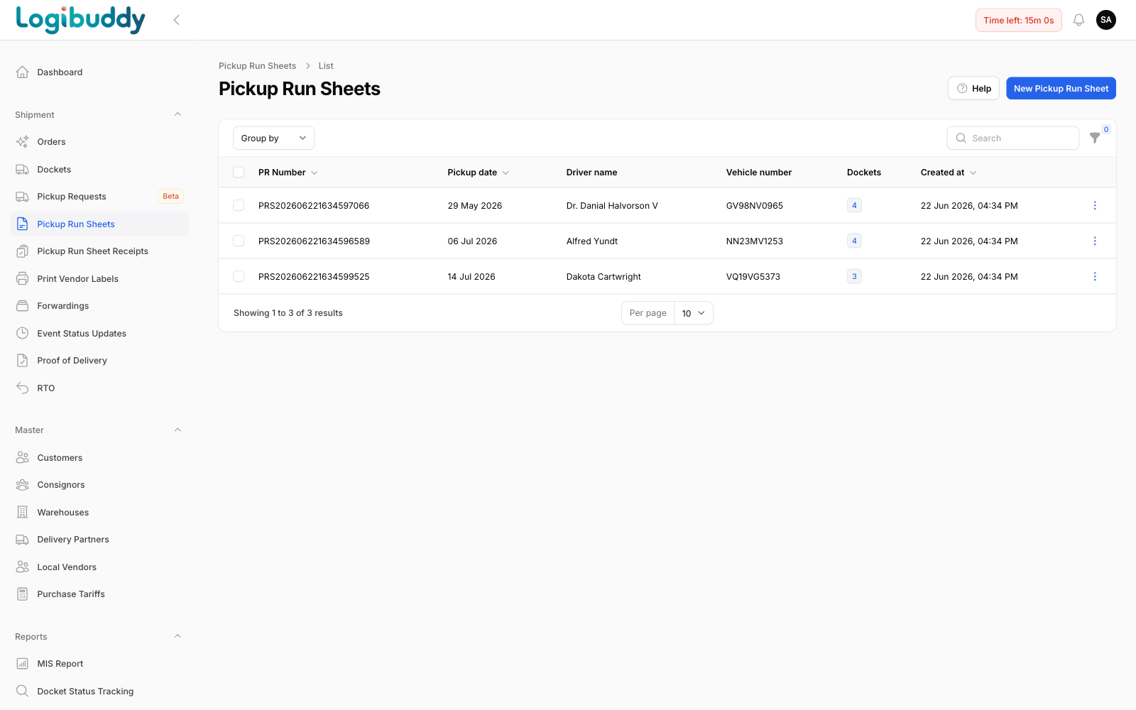 Pickup run sheets with driver names, vehicle numbers and docket counts